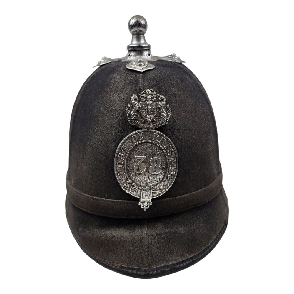 Vintage British Police Port Of Bristol Bobby Helmet Hat Silver Plaque